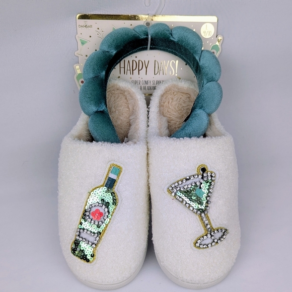 Slippers & Headband Martini Bottle Sherpa Embroidery Sequins Ivory L (9/10) NWT - Picture 1 of 16